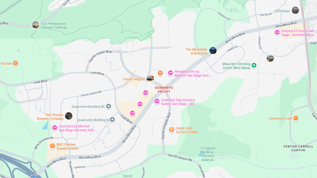 Barrister Suites Office Lease Map of the Sorrento Valley area in San Diego, showing roads, parks, and notable locations such as restaurants, hotels, and business centers, including Gravity Heights, Karl Strauss Brewing, and Courtyard by Marriott.