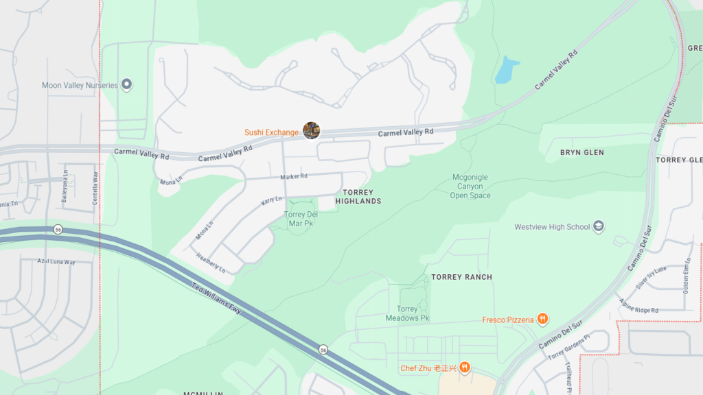 Barrister Suites Office Lease Map showing Carmel Valley Road with labeled locations like Sushi Exchange, Torrey Highlands, Bryn Glen, and Westview High School.