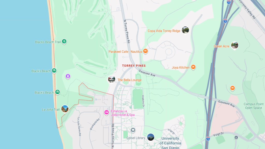 Barrister Suites Office Lease Map showing the Torrey Pines area in San Diego, with landmarks like Black’s Beach, La Jolla Trail, University of California San Diego, and various restaurants and trails highlighted.