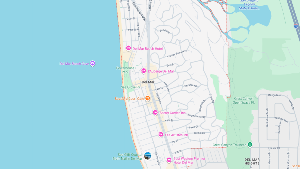 Map showing Del Mar area along the coast with hotels and parks labeled, including Del Mar Beach Cove and Powerhouse Park on the beachfront.','Coastal map of Del Mar, California, highlighting beachfront hotels and points of interest near the shore.','Zoomed map of Del Mar city along the Pacific coast with hotel icons and green spaces like Crest Canyon Open Space Park.','Del Mar map focusing on the beachfront district, with markers for hotels, parks, and restaurants along the coast.