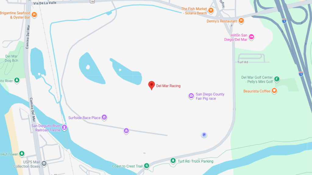 Barrister Suites Office Lease A map showing the Del Mar Fairgrounds area in Del Mar, California, highlighting Del Mar Racing, nearby landmarks like San Diego County Fair Pig Race, Hilton San Diego/Del Mar, and Surfside Race Place.