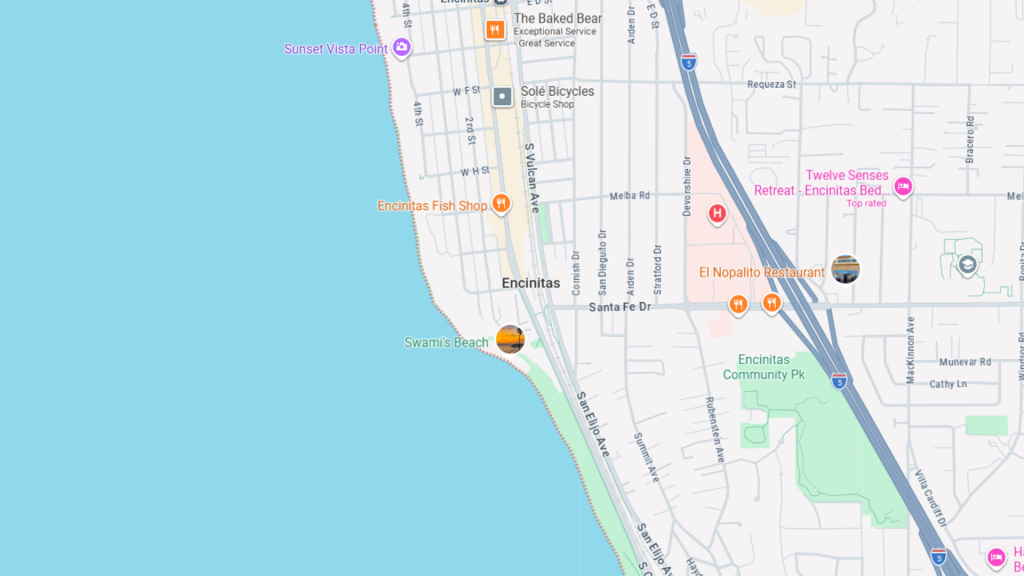 Barrister Suites Office Lease Map of Encinitas, California, showing Swami’s Beach near the coast, local businesses, and landmarks like Encinitas Community Park. Streets and the shoreline are clearly labeled, with icons for restaurants and shops.