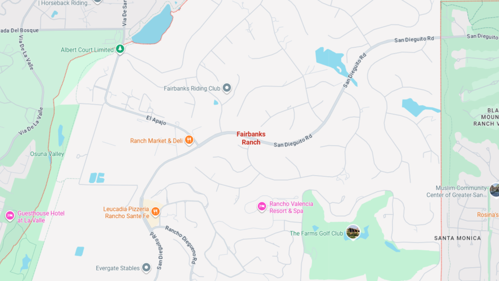 Barrister Suites Office Lease Map showing the Fairbanks Ranch area in California, with nearby landmarks like Rancho Valencia Resort & Spa, The Farms Golf Club, and major roads such as San Dieguito Rd. Blue streams and green park areas are also visible.