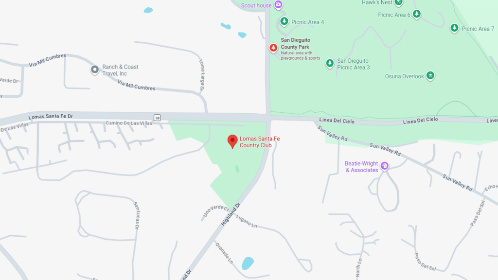 Barrister Suites Office Lease Map showing Lomas Santa Fe Country Club near San Dieguito County Park in Solana Beach, California, with nearby roads including Loma Santa Fe Dr, Linea Del Cielo, and Valle Verde Rd, and marked locations.