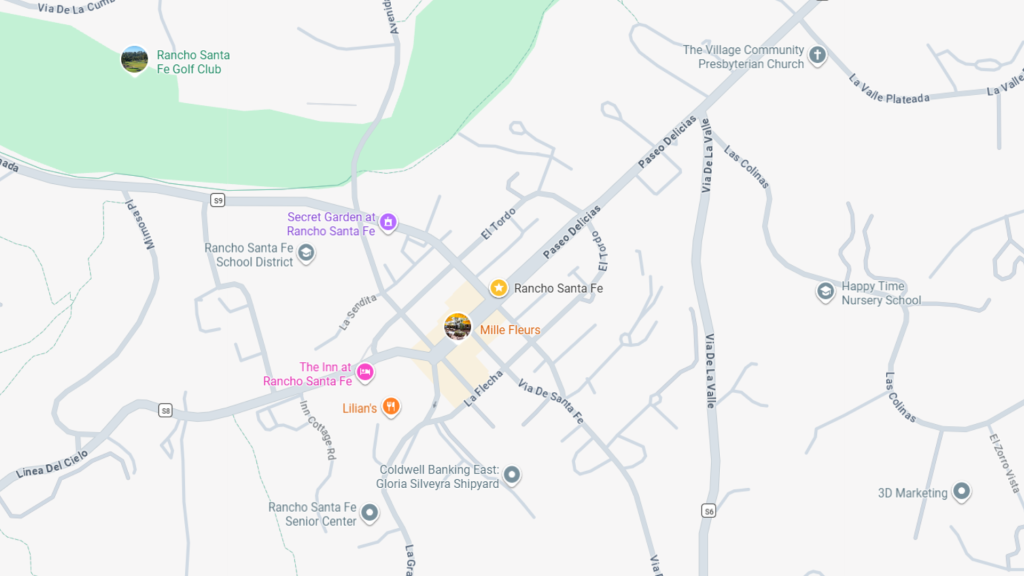 Barrister Suites Office Lease A map of Rancho Santa Fe displaying streets, key locations like Rancho Santa Fe Golf Club, Mille Fleurs, The Inn at Rancho Santa Fe, and several schools, churches, and community centers.