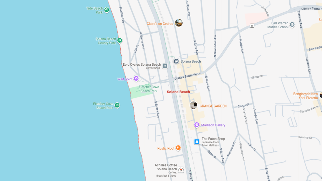 Barrister Suites Office Lease Map showing Solana Beach area in California, with landmarks such as Fletcher Cove Beach Park, nearby cafes, restaurants, parks, and shops along the coast and Lomas Santa Fe Drive. The Pacific Ocean is to the west.