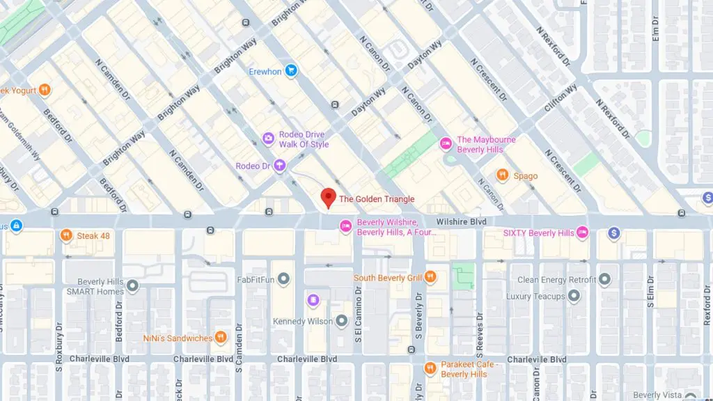 Barrister Suites Office Lease A map of Beverly Hills, California, highlighting the Golden Triangle area near Wilshire Blvd. Notable locations like Rodeo Drive, Beverly Wilshire Hotel, and nearby restaurants and hotels are labeled.