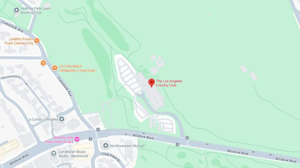 Barrister Suites Office Lease A map showing the location of The Los Angeles Country Club, surrounded by green spaces, near Wilshire Blvd. Nearby landmarks include restaurants and other clubs to the west and north.