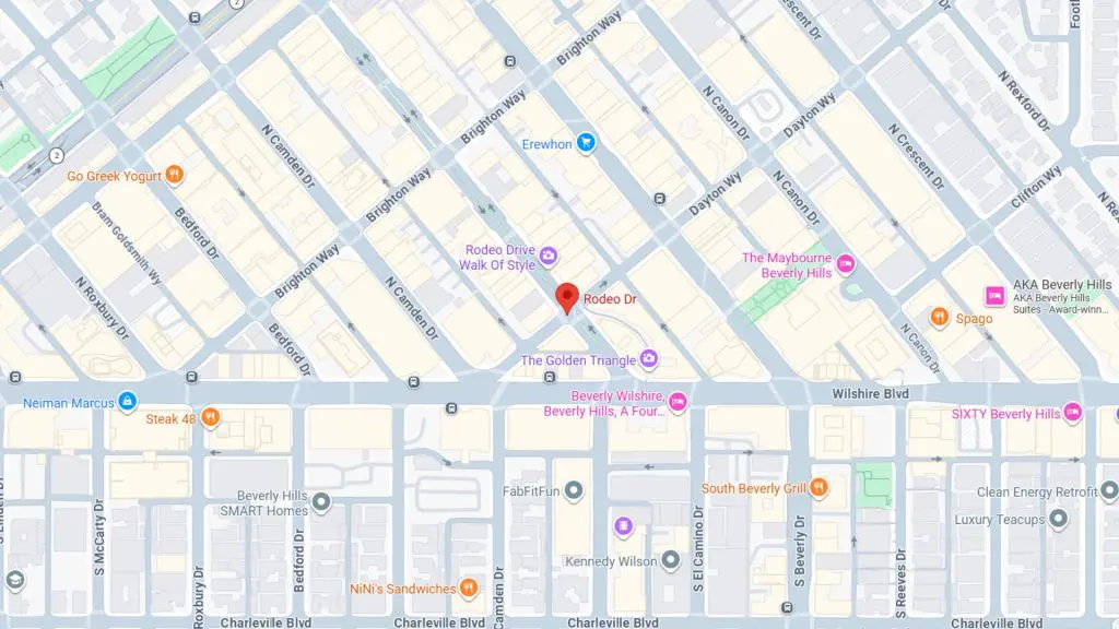 Barrister Suites Office Lease Map showing a section of Beverly Hills, including Rodeo Drive, Wilshire Blvd, and nearby landmarks like Neiman Marcus, The Maybourne Beverly Hills, and The Golden Triangle shopping district.