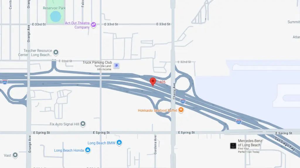 Barrister Suites Office Lease A map showing highways and local streets near the intersection of E Spring St and I-405 in Long Beach, California. Nearby locations include Hokkaido Seafood Buffet, Mercedes-Benz of Long Beach, and Reservoir Park.