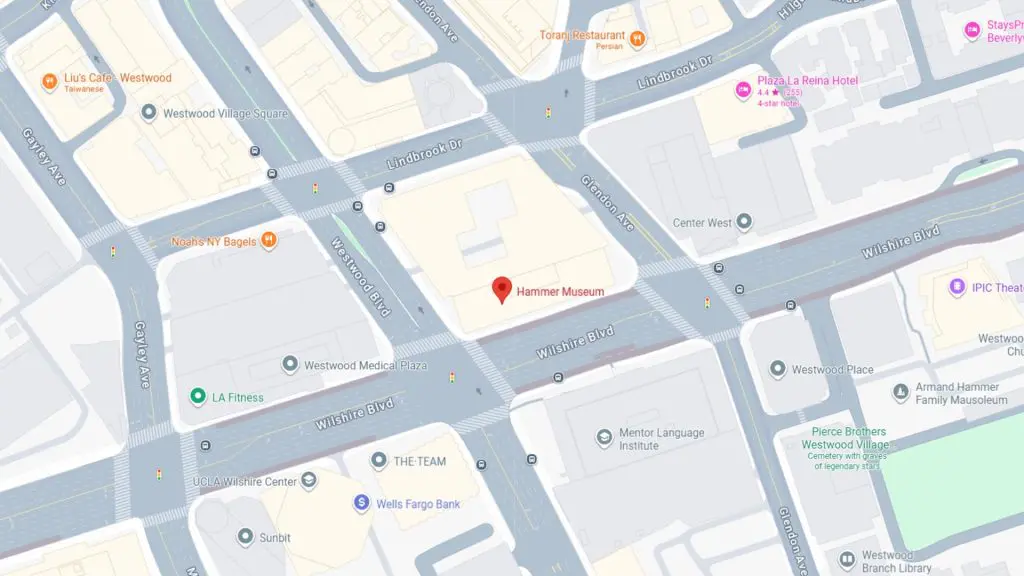 Barrister Suites Office Lease Map showing the location of the Hammer Museum at the intersection of Wilshire Blvd and Westwood Blvd in Los Angeles. Nearby landmarks include LA Fitness, Wells Fargo Bank, and several cafes and restaurants.