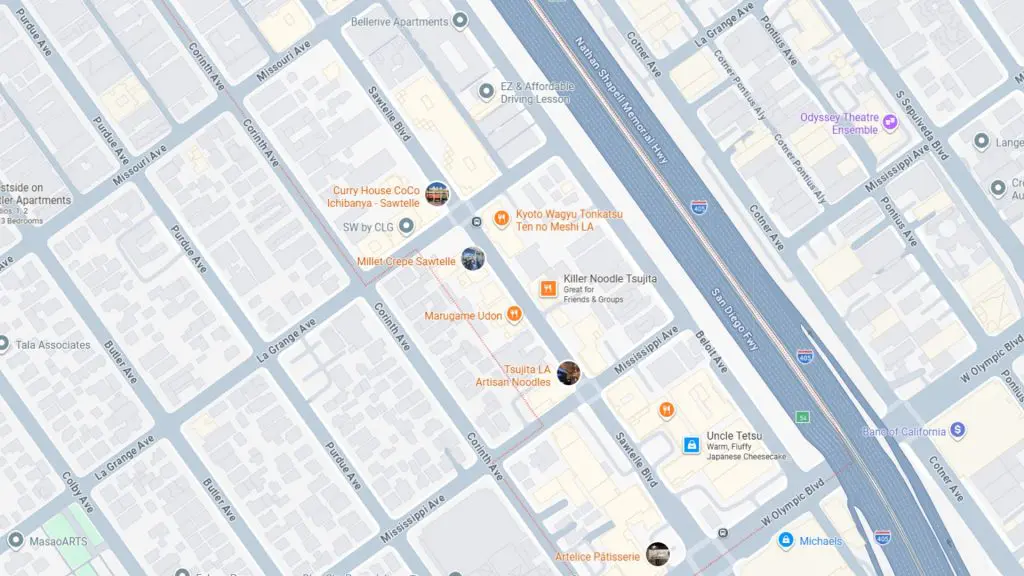 Barrister Suites Office Lease Map showing a section of Sawtelle Blvd in Los Angeles, highlighting eateries like Killer Noodle Tsujita, Tsujita LA Artisan Noodles, Curry House CoCo Ichibanya, Marugame Udon, and other locations nearby.