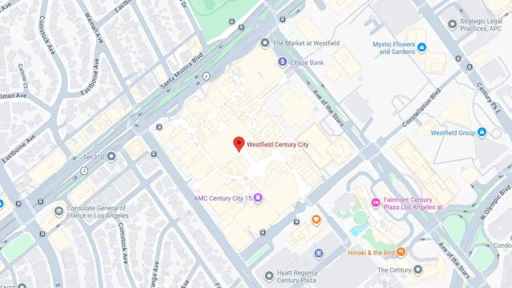 Barrister Suites Office Lease A map showing the Westfield Century City shopping mall in Los Angeles, marked by a red pin. Nearby locations include AMC Century City 15, Fairmont Century Plaza, and Chase Bank. Surrounding roads and businesses are visible.