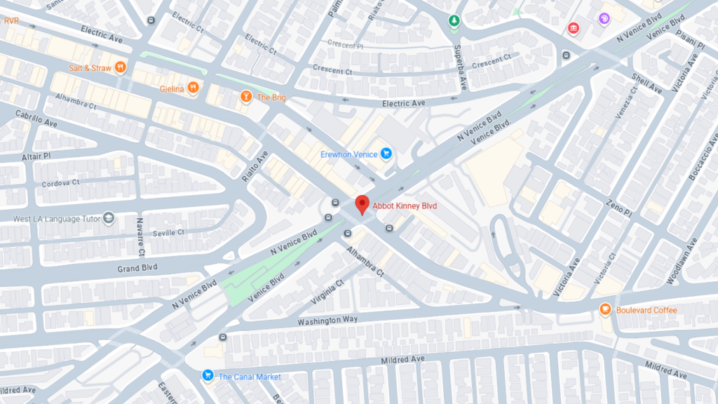 Barrister Suites Office Lease Map showing the intersection of Abbot Kinney Blvd and Venice Blvd in Venice, Los Angeles, with nearby landmarks including Erewhon Market, The Canal Market, and Boulevard Coffee.