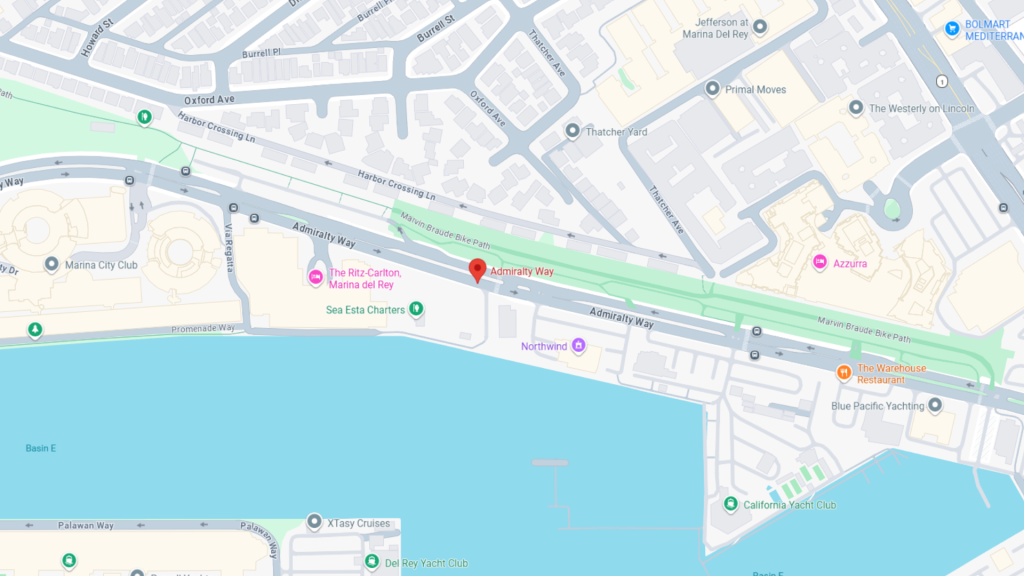 Barrister Suites Office Lease A map view of Admiralty Way in Marina Del Rey, California, displaying nearby businesses such as The Ritz-Carlton, Sea Esta Charters, California Yacht Club, and Blue Pacific Yachting.