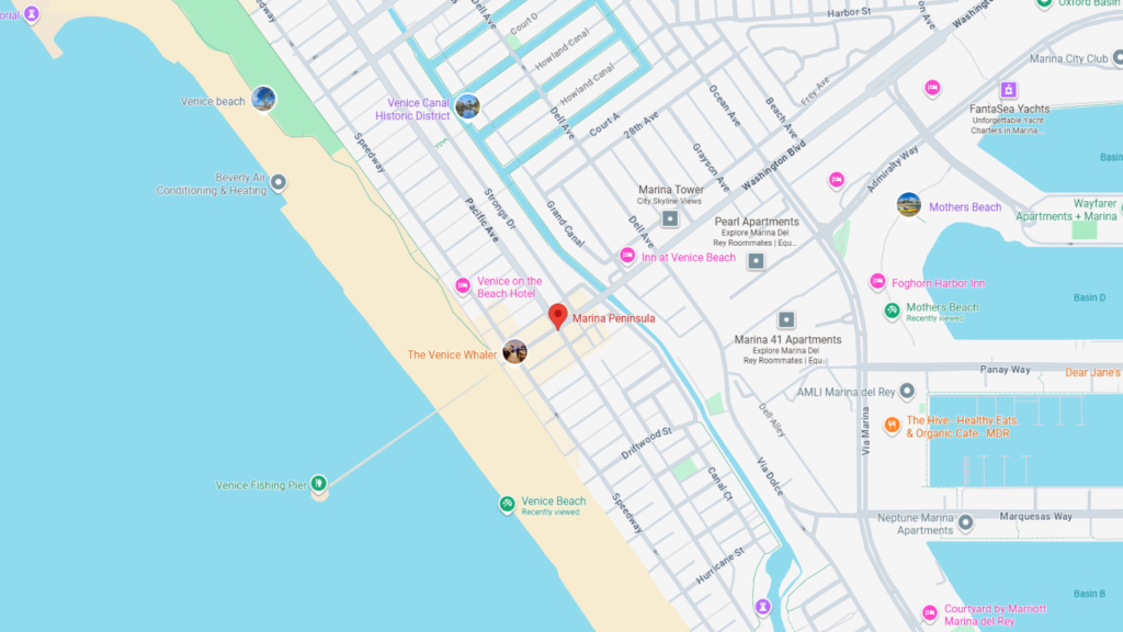 Barrister Suites Office Lease A map showing the Venice Beach area in Los Angeles, California, highlighting landmarks like Venice Fishing Pier, Venice Beach, The Venice Whaler, and Marina Peninsuela near the coastline and adjacent streets.