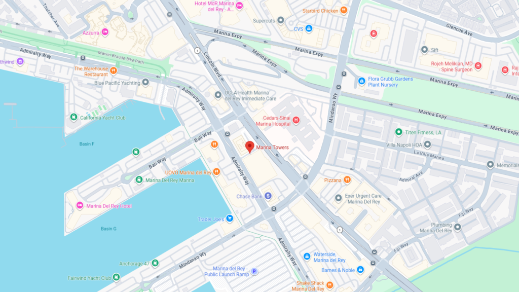 Barrister Suites Office Lease Map showing Marina Towers in Marina Del Rey, California. Features include Admiralty Way, Marina Expy, and other local businesses and landmarks.