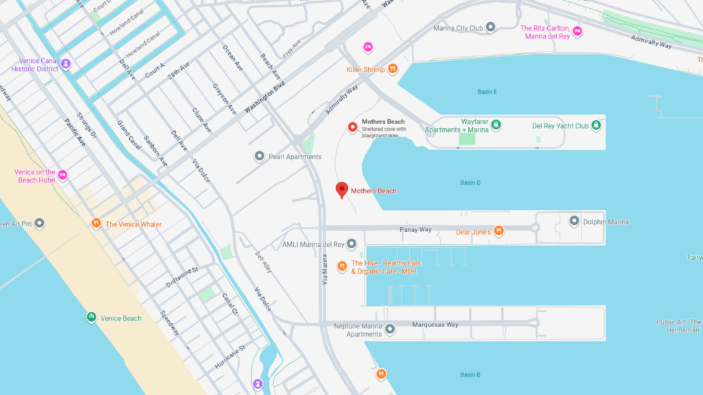 Barrister Suites Office Lease A digital map shows the Marina del Rey area in Los Angeles, highlighting Mothers Beach, nearby marinas, apartments, and several restaurants along the waterfront. Streets, waterways, and points of interest are labeled.