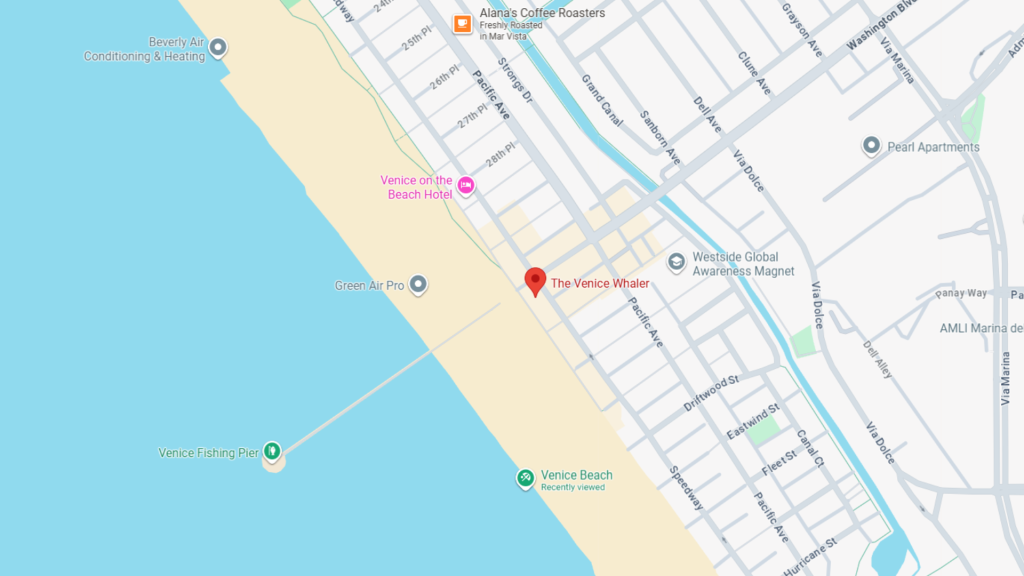 Barrister Suites Office Lease Map showing the Venice Beach area in California, highlighting locations such as The Venice Whaler, Venice Beach Hotel, Venice Fishing Pier, and nearby streets and landmarks along the coastline.