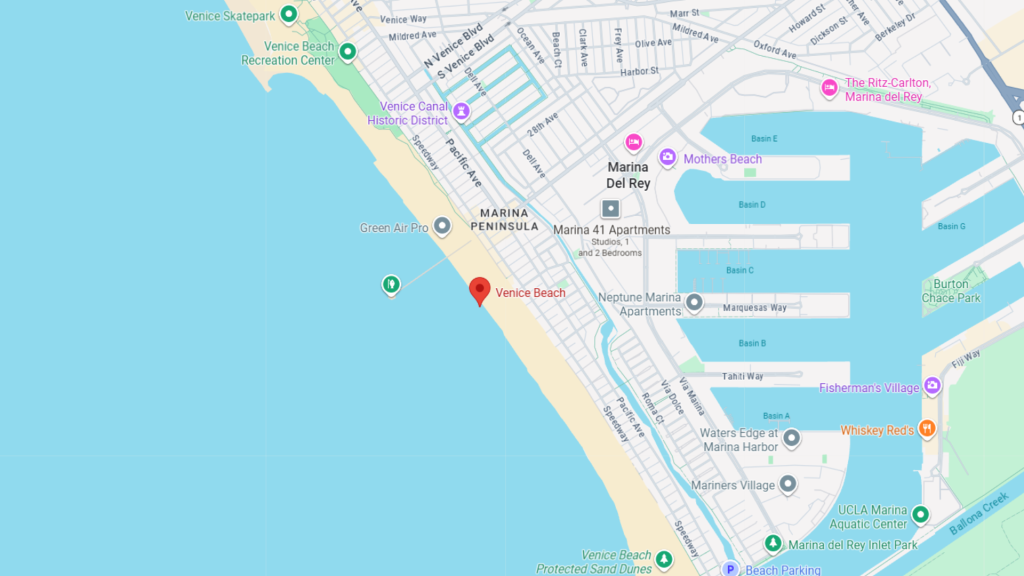 Map of Venice Beach, California, with a red location pin along the shoreline and surrounding streets and marinas to the right.