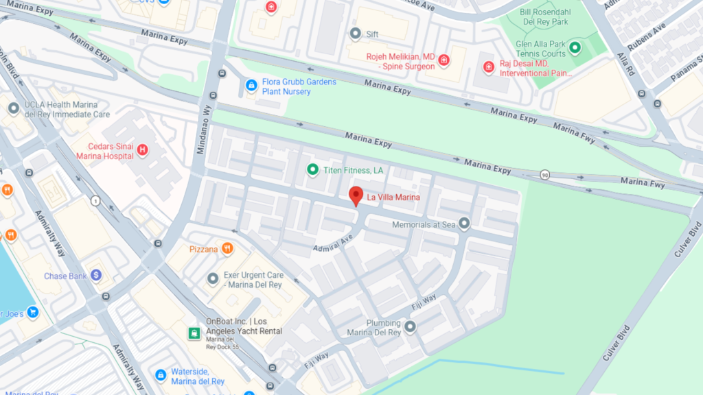 Barrister Suites Office Lease A map showing the Marina Del Rey area in Los Angeles, with landmarks like UCLA Health Marina, La Villa Marina, and Marina Expressway. Streets, parks, and businesses are labeled, including restaurants, fitness centers, and nurseries.