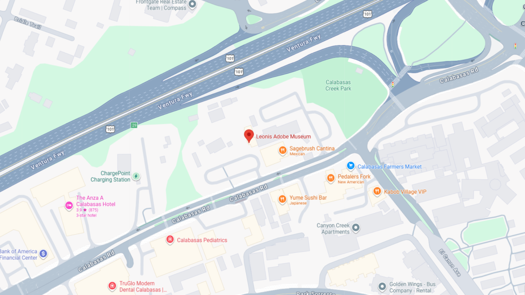 Barrister Suites Office Lease A map showing the location of Leonis Adobe Museum in Calabasas, California, near the Ventura Freeway, with nearby restaurants, shops, and facilities labeled.