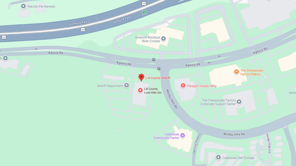 Barrister Suites Office Lease Map showing the location of LA County Sheriff on Agoura Rd near Lost Hills Rd in Calabasas, CA, with nearby landmarks such as The Cheesecake Factory Bakery and Paragon Implant Mfg.