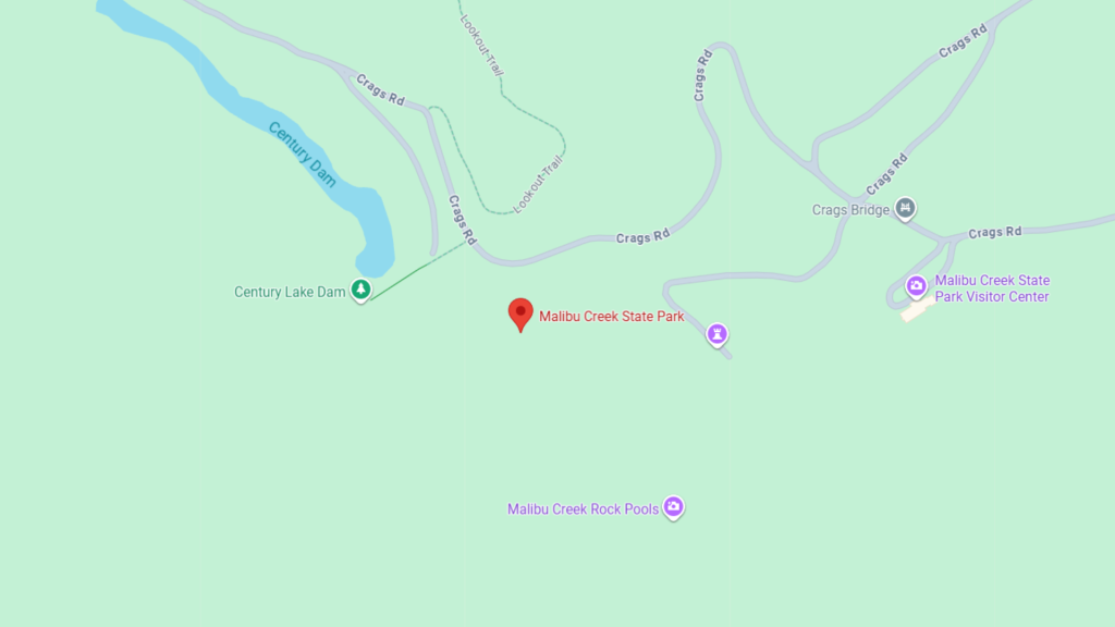 Barrister Suites Office Lease Map showing Malibu Creek State Park and nearby landmarks, including Century Lake Dam, Malibu Creek State Park Visitor Center, and Malibu Creek Rock Pools, with roads such as Crags Rd visible.