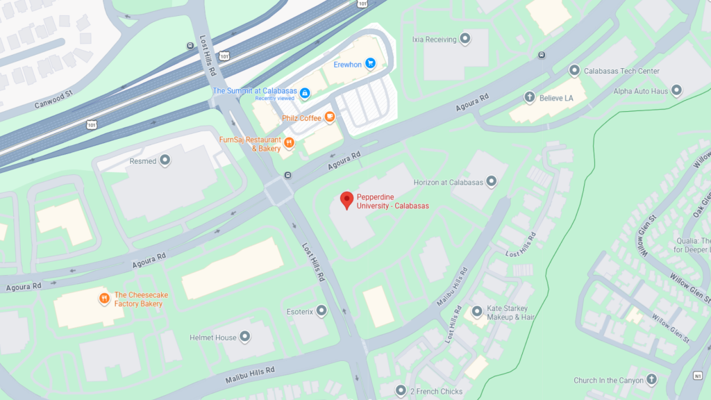 Barrister Suites Office Lease A map view of Calabasas, California, highlighting Pepperdine University - Calabasas near the intersection of Las Virgenes Rd and Agoura Rd, with nearby businesses, roads, and landmarks labeled.
