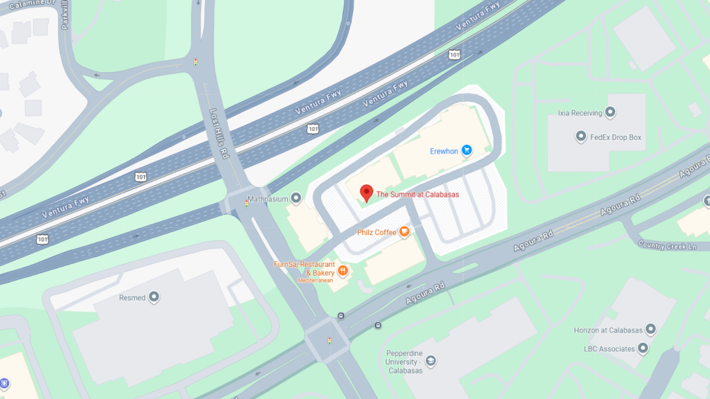 Barrister Suites Office Lease Map showing The Summit at Calabasas shopping center at the intersection of Agoura Rd and Lost Hills Rd in Calabasas, CA, with nearby businesses like Erewhon and Philz Coffee marked.