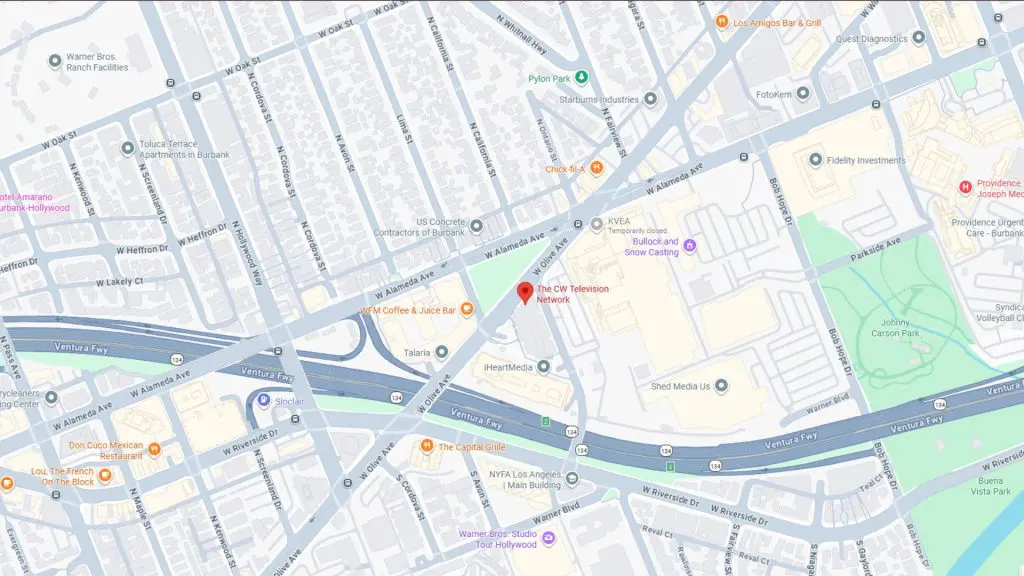 Barrister Suites Office Lease A digital map displays streets and businesses in an urban area near Ventura Blvd and Laurel Canyon Blvd, highlighting The CW Television Network location in red at the center. Nearby parks and businesses are also labeled.