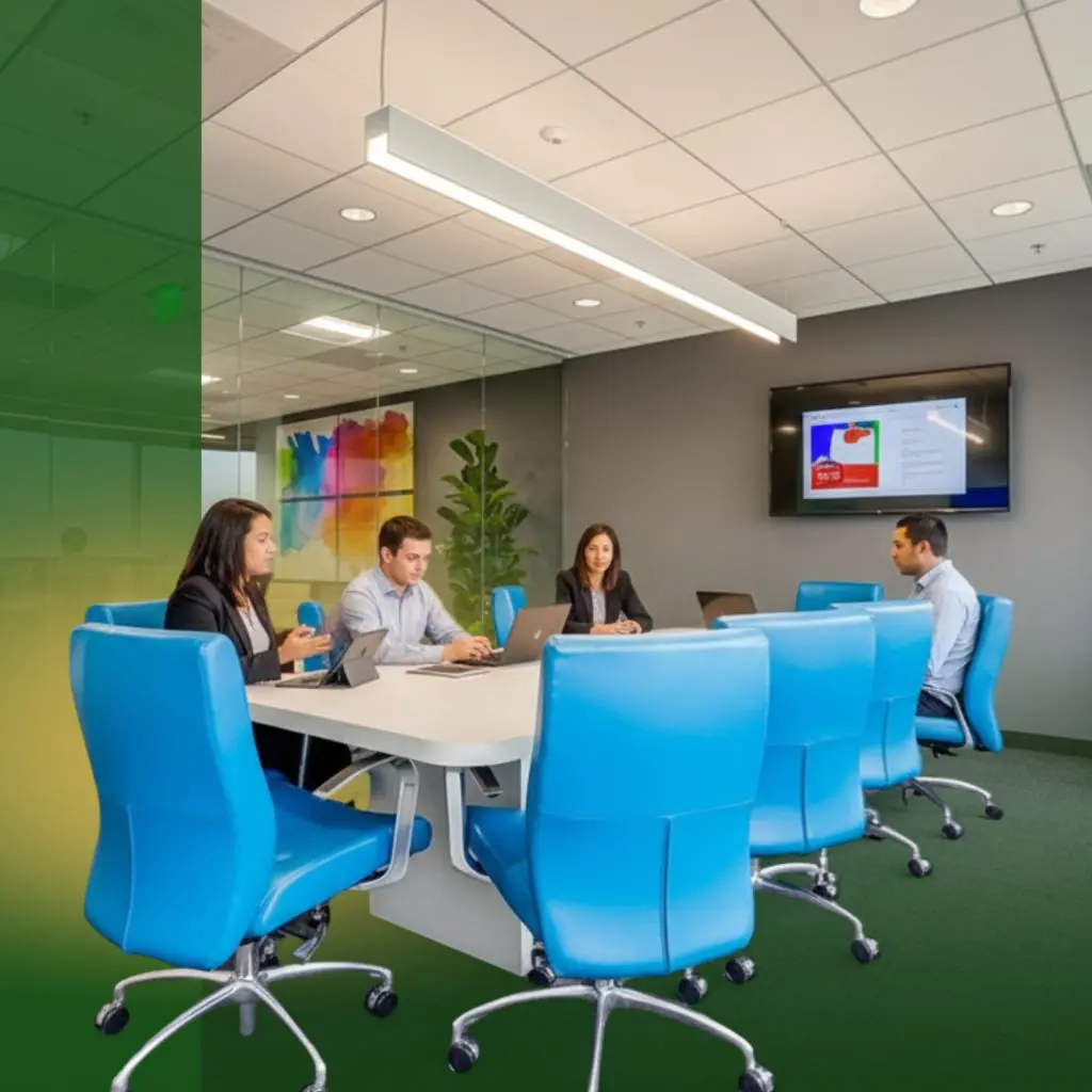 Barrister Suites Office Lease Four people in business attire sit around a conference table with blue chairs, working on laptops and papers. A presentation is displayed on a large wall screen in a modern, glass-walled office meeting room.