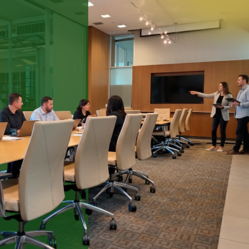 Barrister Suites Office Lease A group of people sit around a long conference table with laptops, while two people stand near a large screen at the front of the room, one pointing and the other holding a notebook.