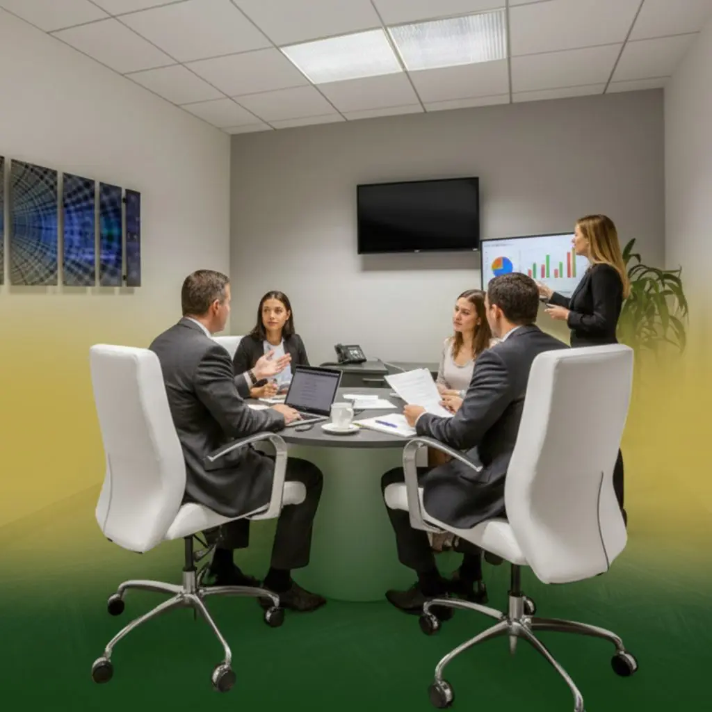 Barrister Suites Office Lease Five people in business attire are gathered around a conference table in an office, discussing documents. One person is standing and presenting data on a screen with charts, while the others sit and listen attentively.