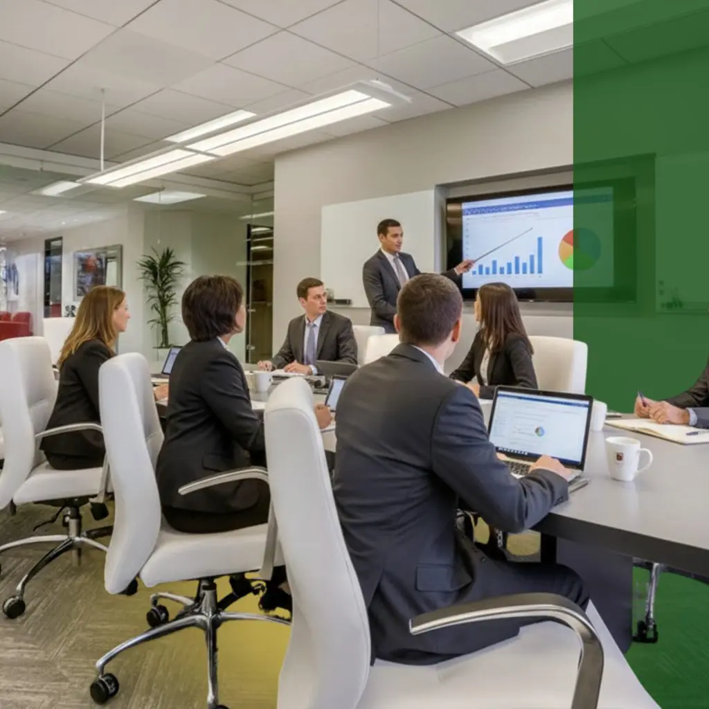 Barrister Suites Office Lease A group of business professionals sit around a conference table in a modern office, watching a man give a presentation with graphs and charts on a screen. Laptops and papers are on the table.