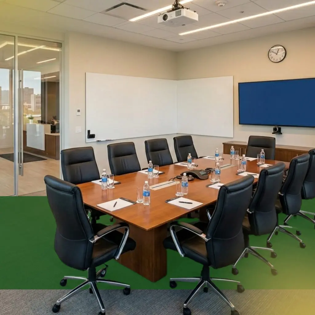 Barrister Suites Office Lease A modern conference room with a wooden table surrounded by black office chairs, set with notepads, pens, and water bottles. There are whiteboards, a wall-mounted screen, and a clock on the wall.