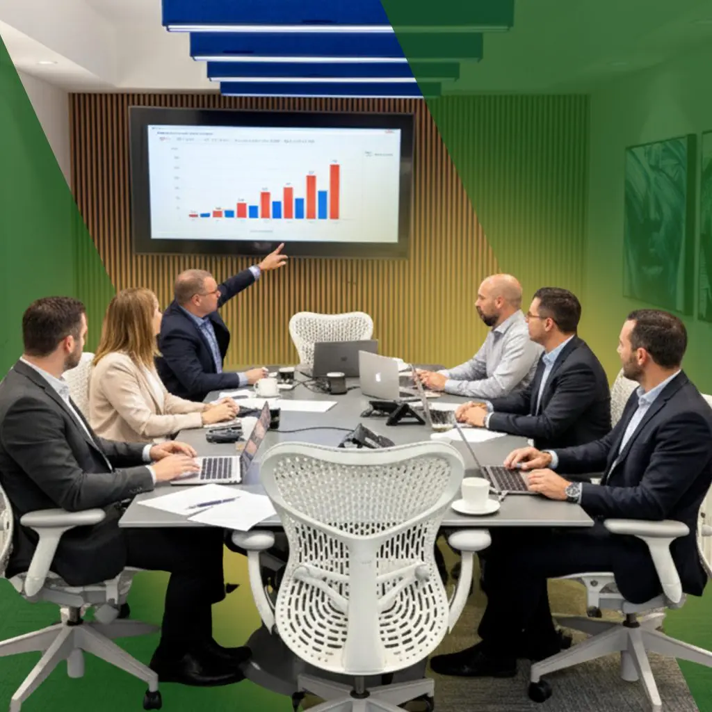 Barrister Suites Office Lease Seven business professionals sit around a conference table as one person points to a bar graph on a screen, showing rising data; laptops and documents are on the table. Green and yellow overlays decorate the image.