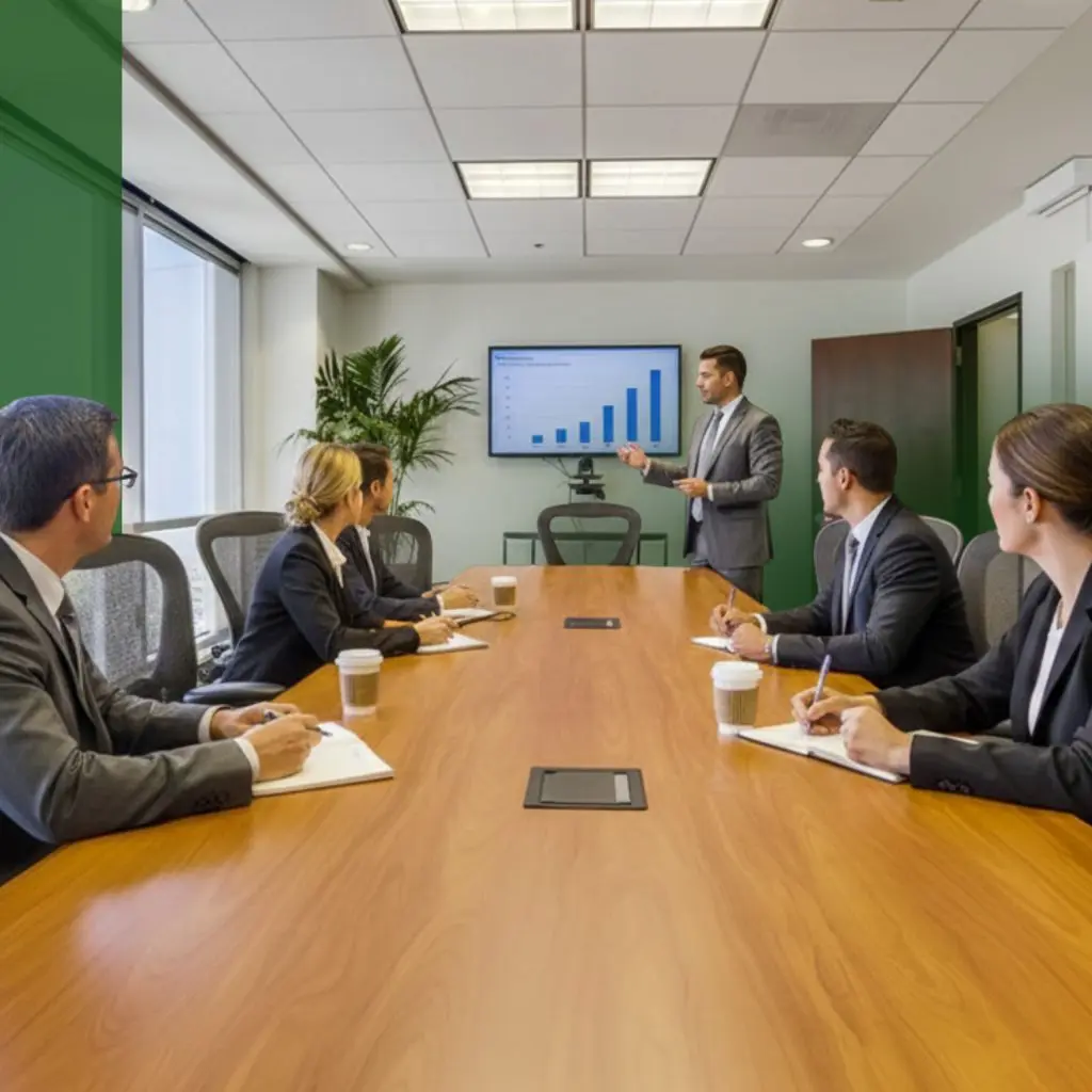 Barrister Suites Office Lease Five business professionals in formal attire sit around a conference table, listening to a presenter who is pointing at a screen displaying a bar graph in a modern office meeting room.