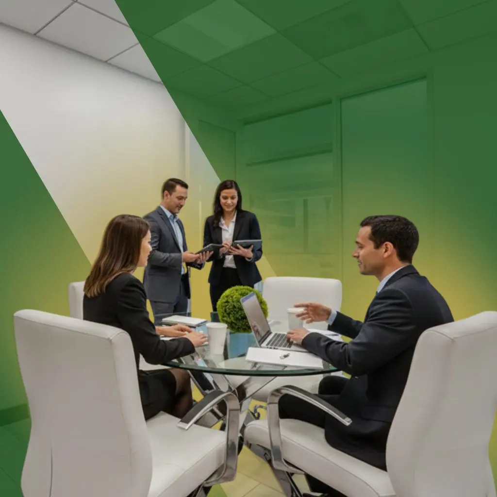 Barrister Suites Office Lease Four business professionals in formal attire hold a meeting in a modern office with white chairs and a glass table. Two people are seated with laptops, while two stand and discuss documents. The image has a green gradient overlay.