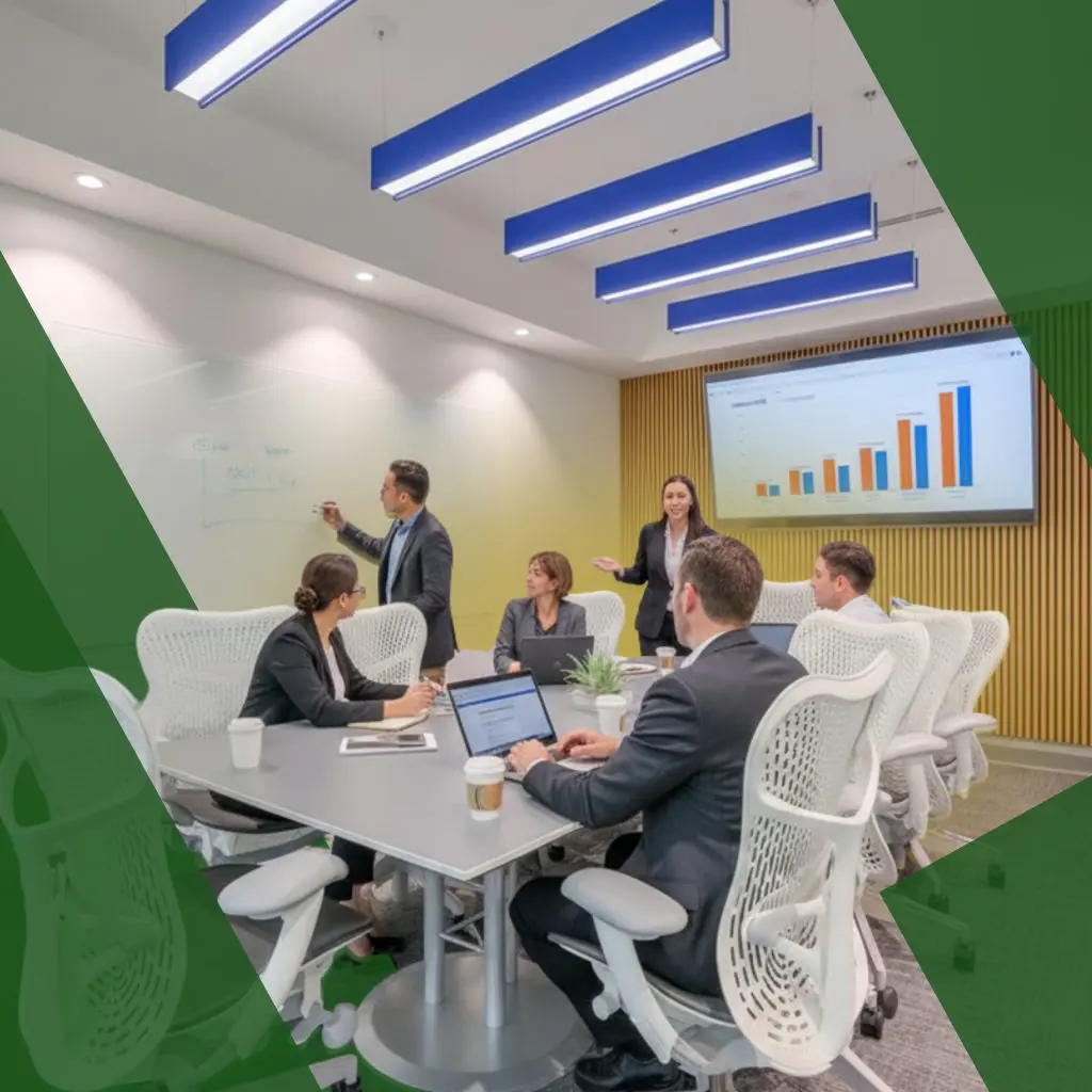Barrister Suites Office Lease Six people in business attire have a meeting in a modern conference room. One person presents at a whiteboard, while another stands near a screen displaying a bar chart. Others are seated, taking notes or using laptops.