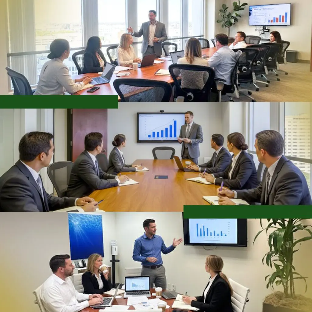 Barrister Suites Office Lease Three business meetings: Groups of professionals in office settings discussing charts displayed on large screens, with one person presenting in each scene. People are seated around conference tables with laptops and notes.