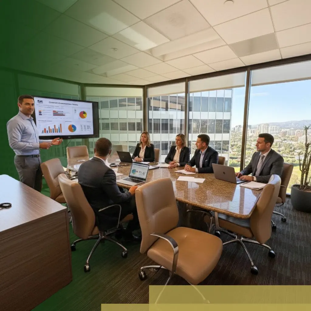 Barrister Suites Office Lease A man presents charts on a screen to five colleagues seated around a conference table in a modern office with large windows and a city view. Laptops and papers are on the table.