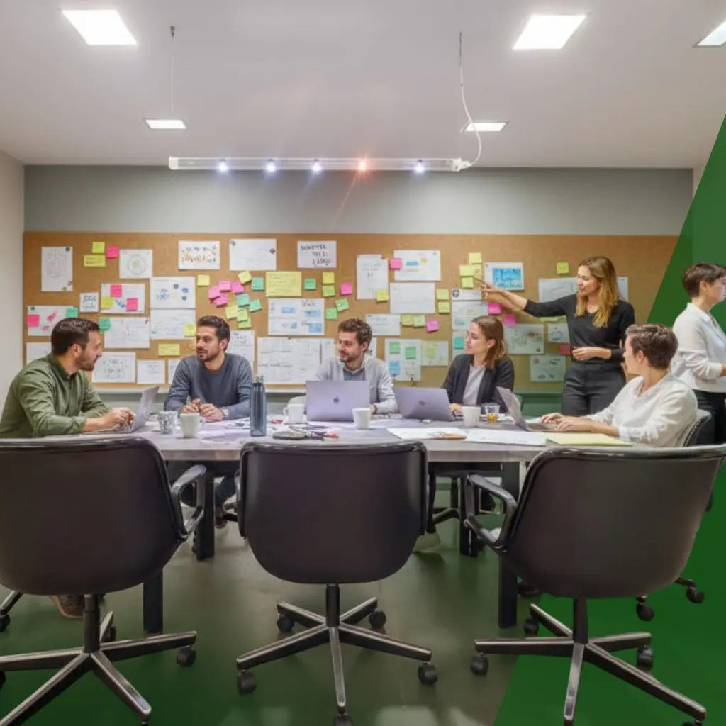 Barrister Suites Office Lease Six people sit around a table in a bright office, collaborating with laptops and papers. A woman stands by a wall covered in notes and diagrams, pointing at them as others engage in discussion.