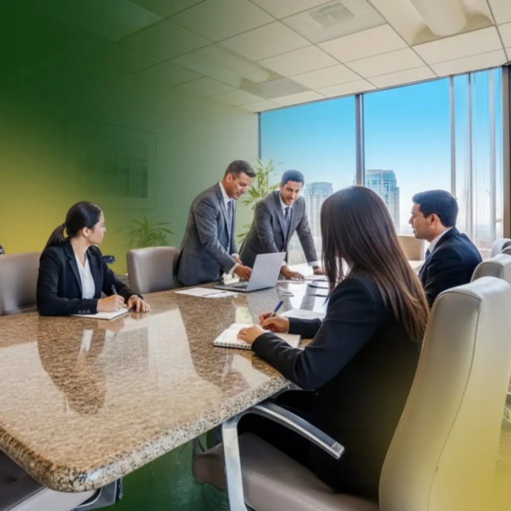 Barrister Suites Office Lease Five business professionals in formal attire have a meeting in a modern conference room with large windows and a city view. Two people stand discussing at a laptop while three others listen and take notes at the table.