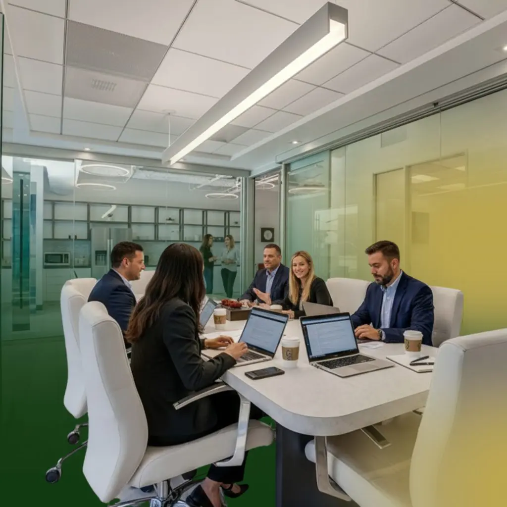 Barrister Suites Office Lease Five professionals in business attire sit around a conference table with laptops and coffee, having a meeting in a modern office with glass walls; two more people converse in the background.