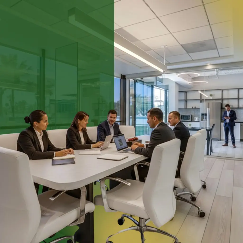 Barrister Suites Office Lease Five business professionals are seated around a conference table in a modern office, engaged in discussion. Large windows and a kitchen area are visible; another person stands in the background, working on a laptop.