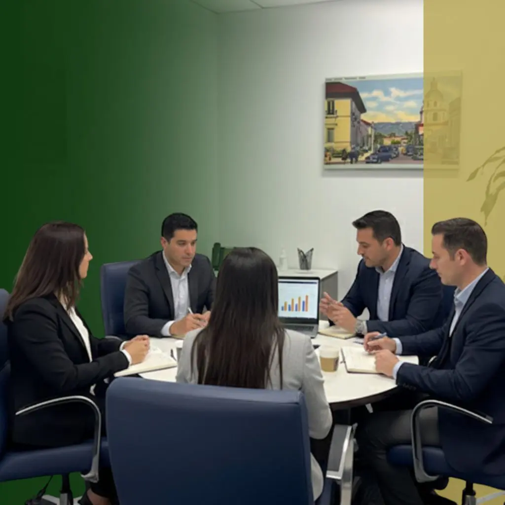 Barrister Suites Office Lease Five professionals in business attire sit around a round table in an office, discussing charts displayed on a laptop. The background has a green and yellow gradient, and a framed picture hangs on the wall.