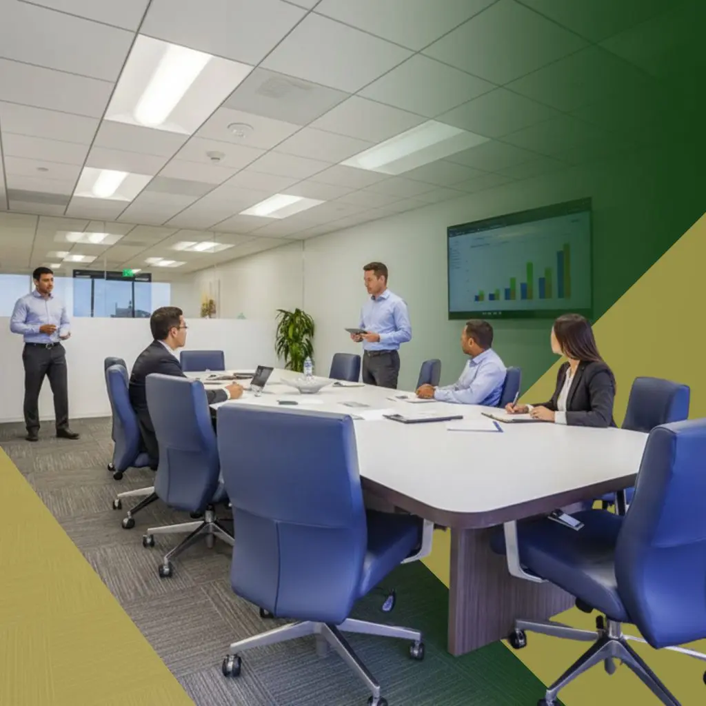 Barrister Suites Office Lease Four people in business attire sit at a conference table, while one person stands and presents a bar graph on a screen in a modern office with blue chairs and glass walls. Green and yellow graphic overlay on the right side.