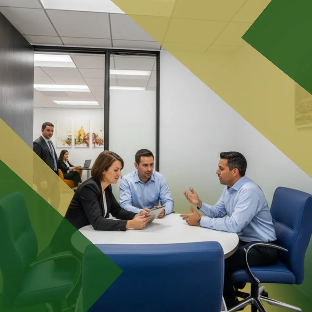 Barrister Suites Office Lease Four people in business attire have a discussion around a table in a modern office, while two others work in an adjacent room. Green and yellow geometric shapes overlay the image.