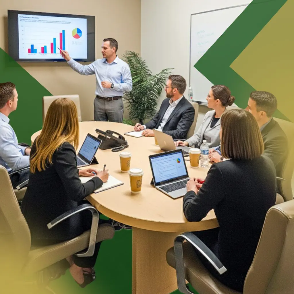 Barrister Suites Office Lease A man stands presenting a bar and pie chart on a screen to six colleagues seated around a conference table with laptops, notebooks, and coffee cups in a modern office meeting room.